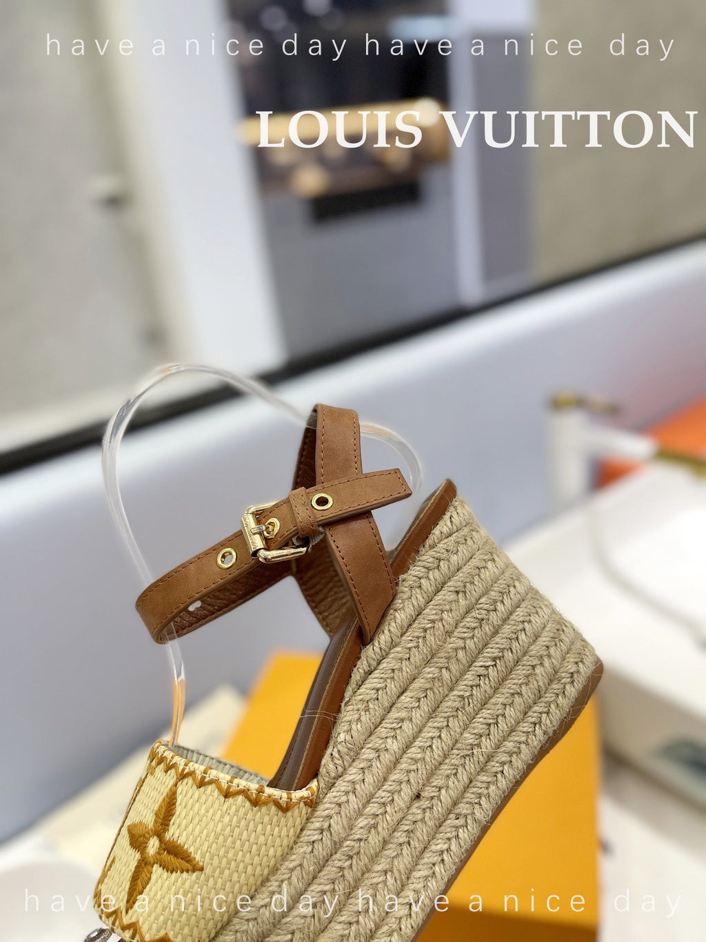 LV Helios Wedge Sandals Brown Beige Raffia Leather 888496