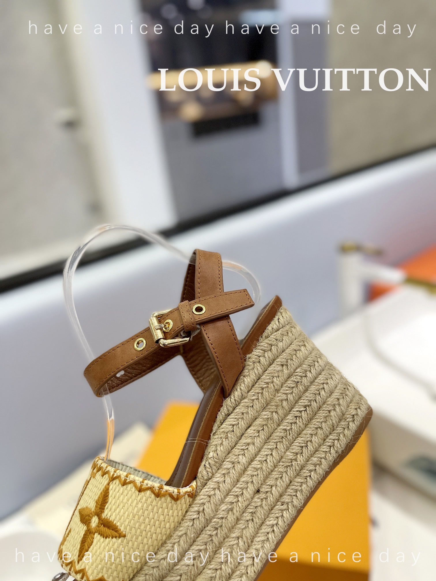 LV Helios Wedge Sandals Brown Beige Raffia Leather 888496