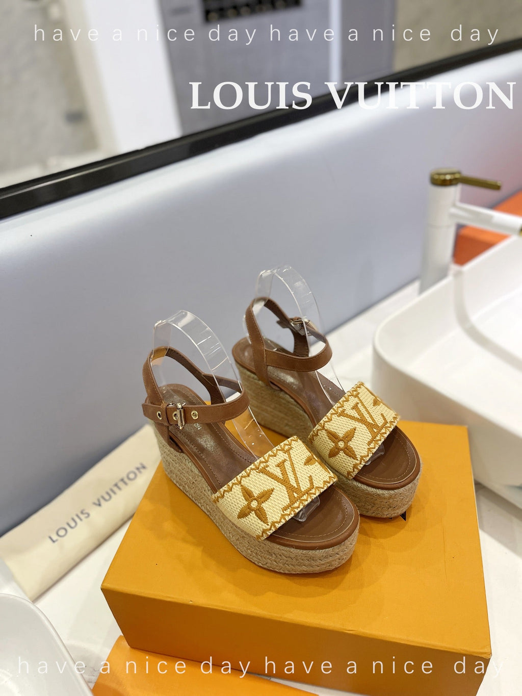 LV Helios Wedge Sandals Brown Beige Raffia Leather 888496