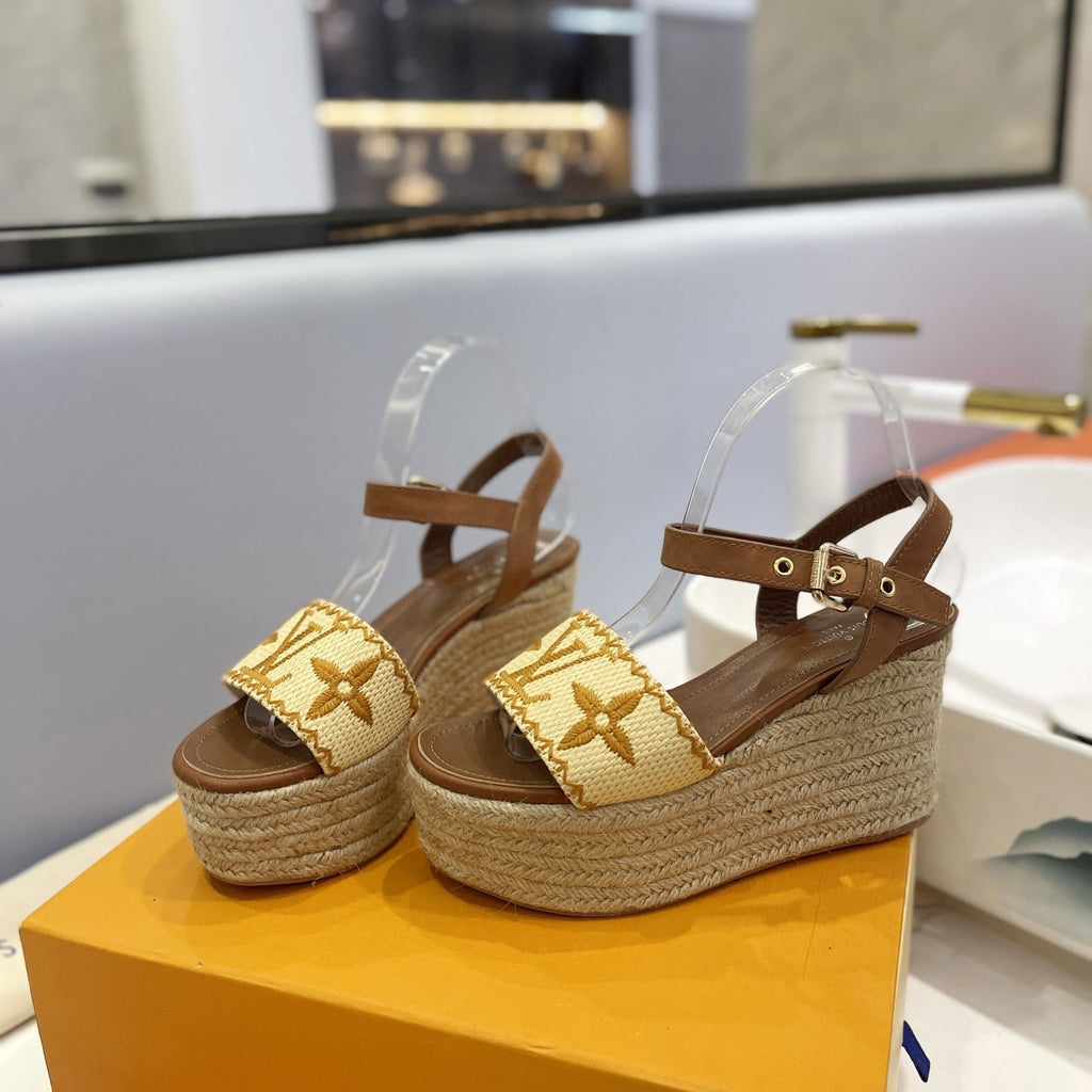 LV Helios Wedge Sandals Brown Beige Raffia Leather 888496