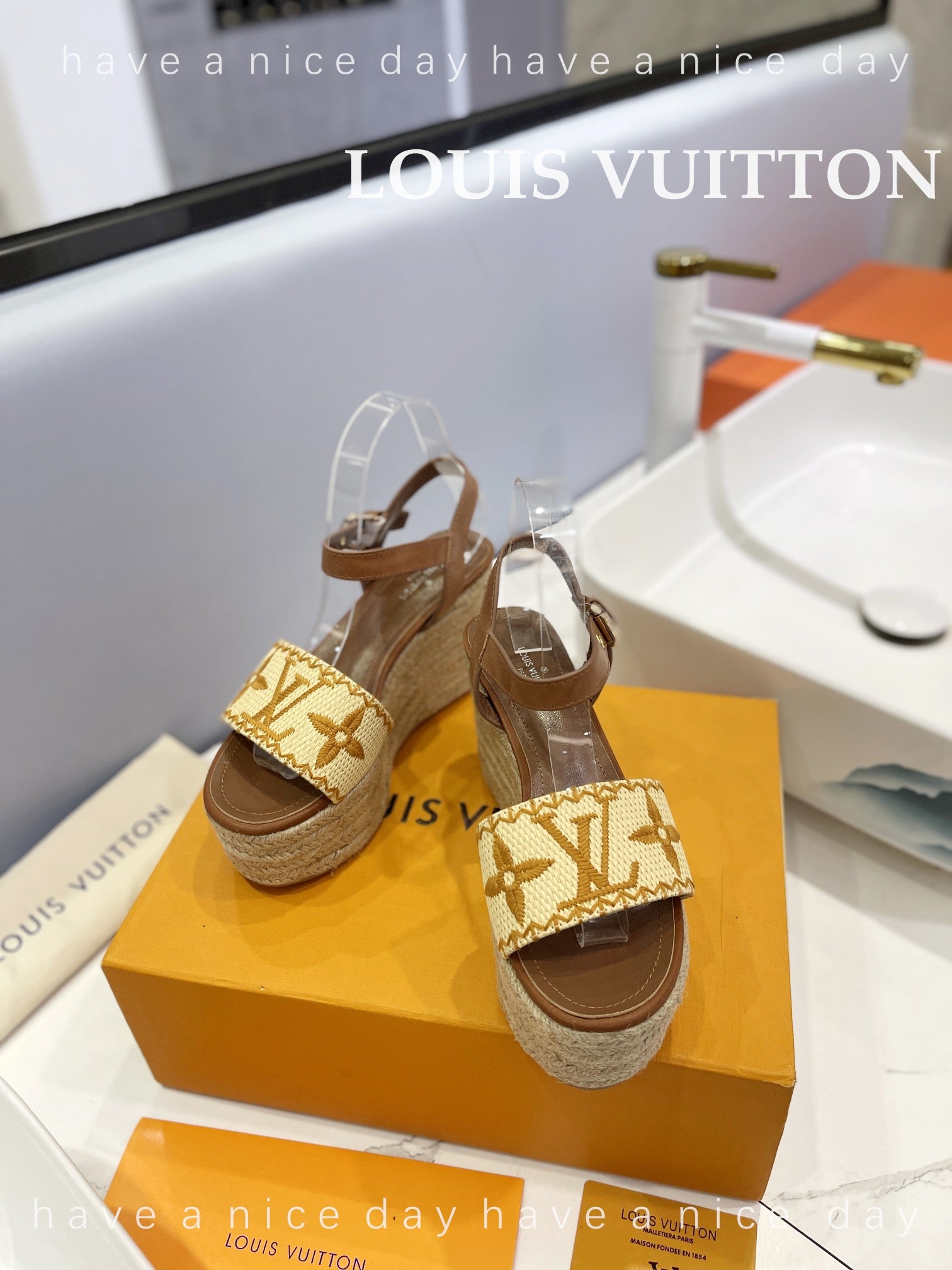LV Helios Wedge Sandals Brown Beige Raffia Leather 888496