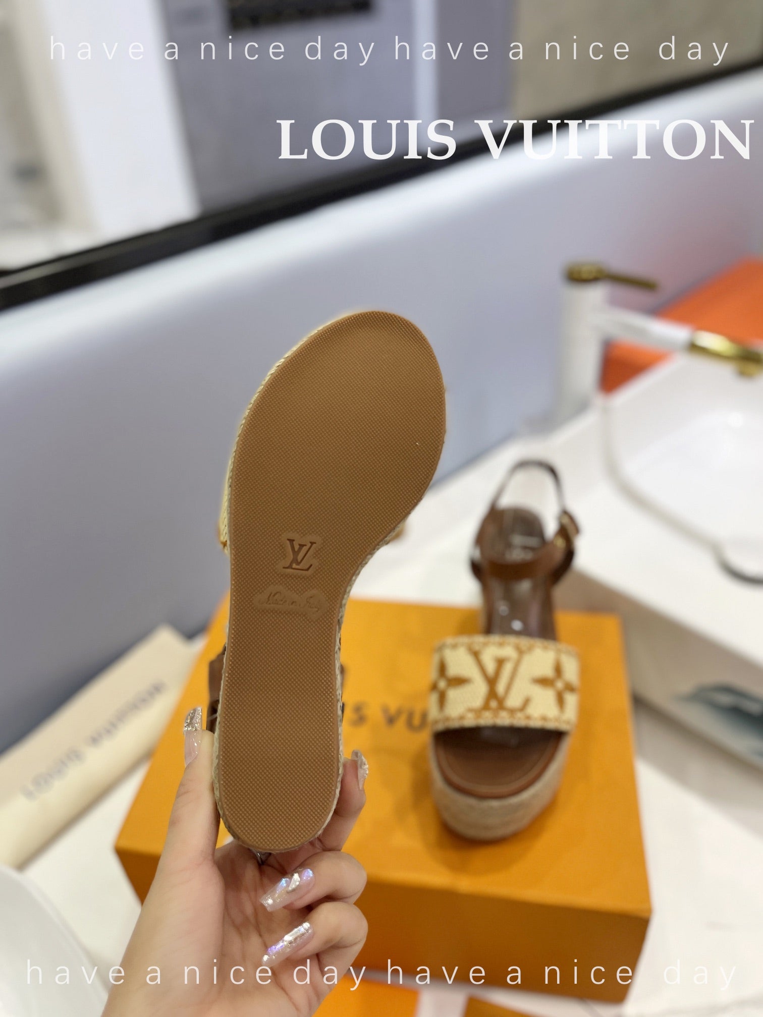 LV Helios Wedge Sandals Brown Beige Raffia Leather 888496