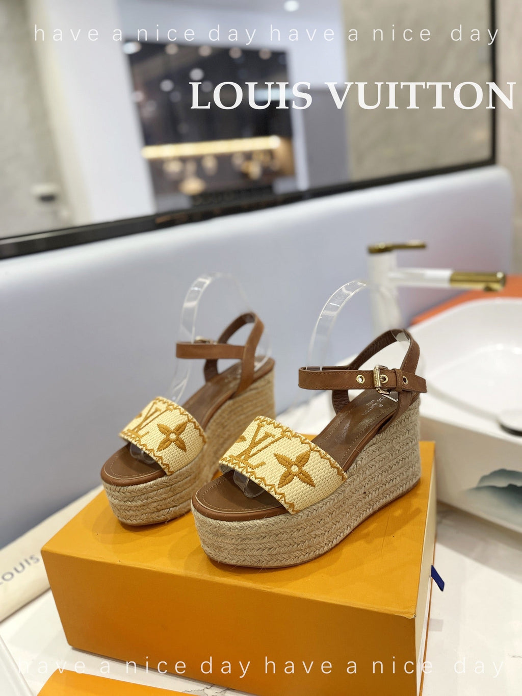 LV Helios Wedge Sandals Brown Beige Raffia Leather 888496