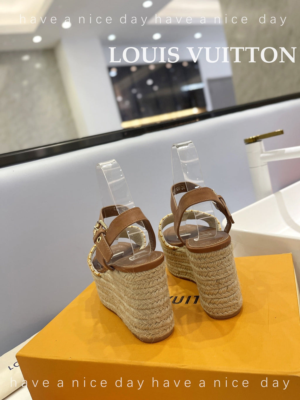 LV Helios Wedge Sandals Brown Beige Raffia Leather 888496