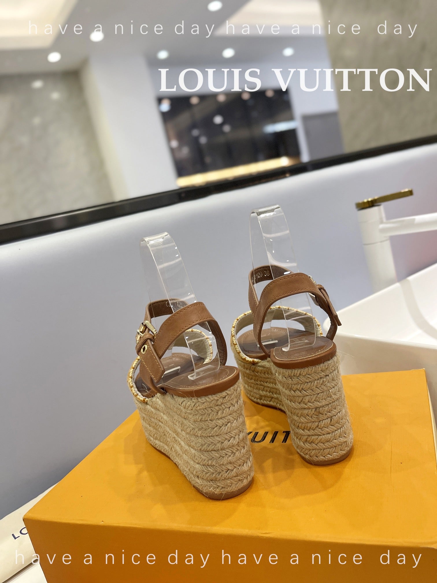 LV Helios Wedge Sandals Brown Beige Raffia Leather 888496