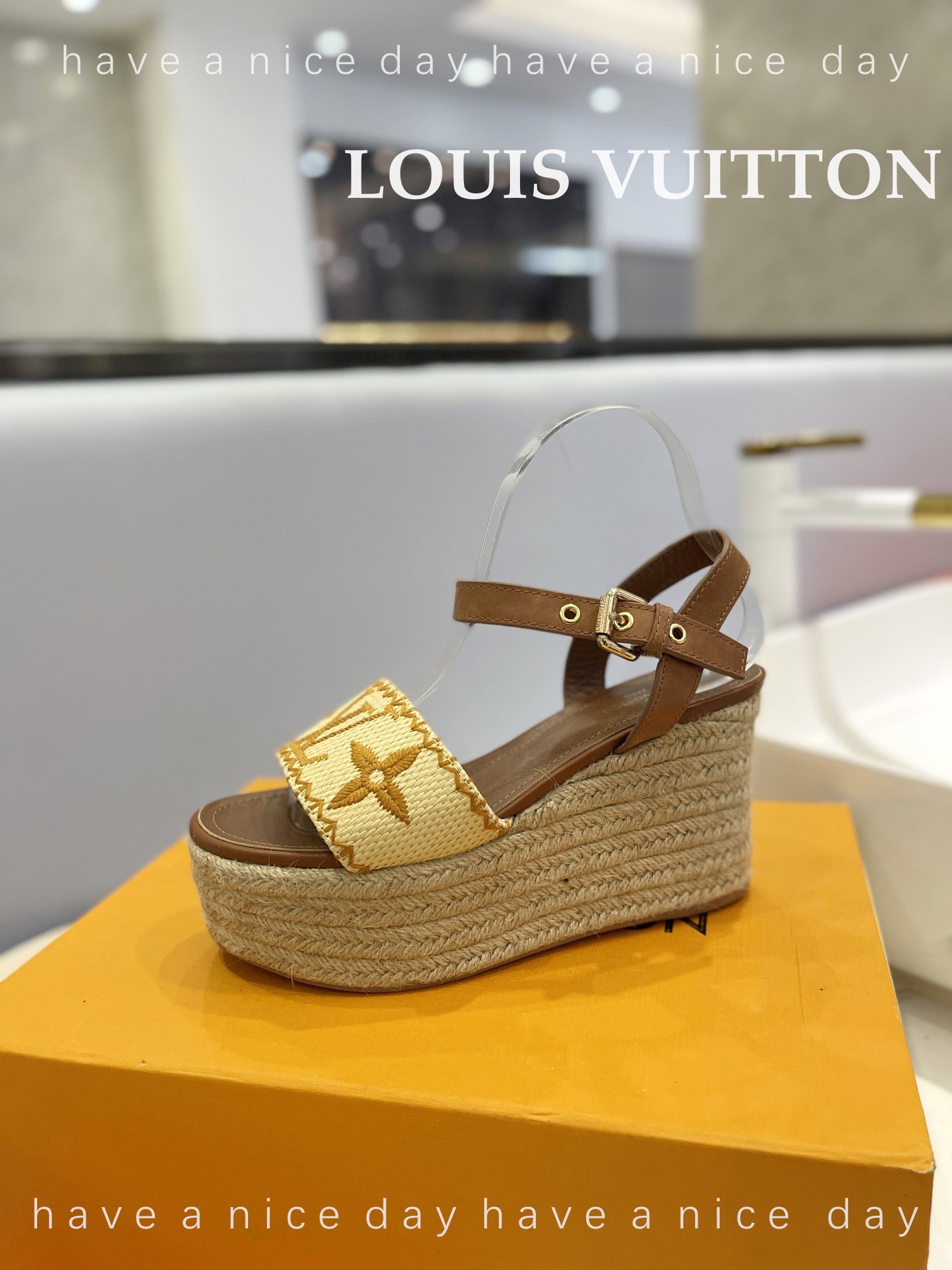 LV Helios Wedge Sandals Brown Beige Raffia Leather 888496