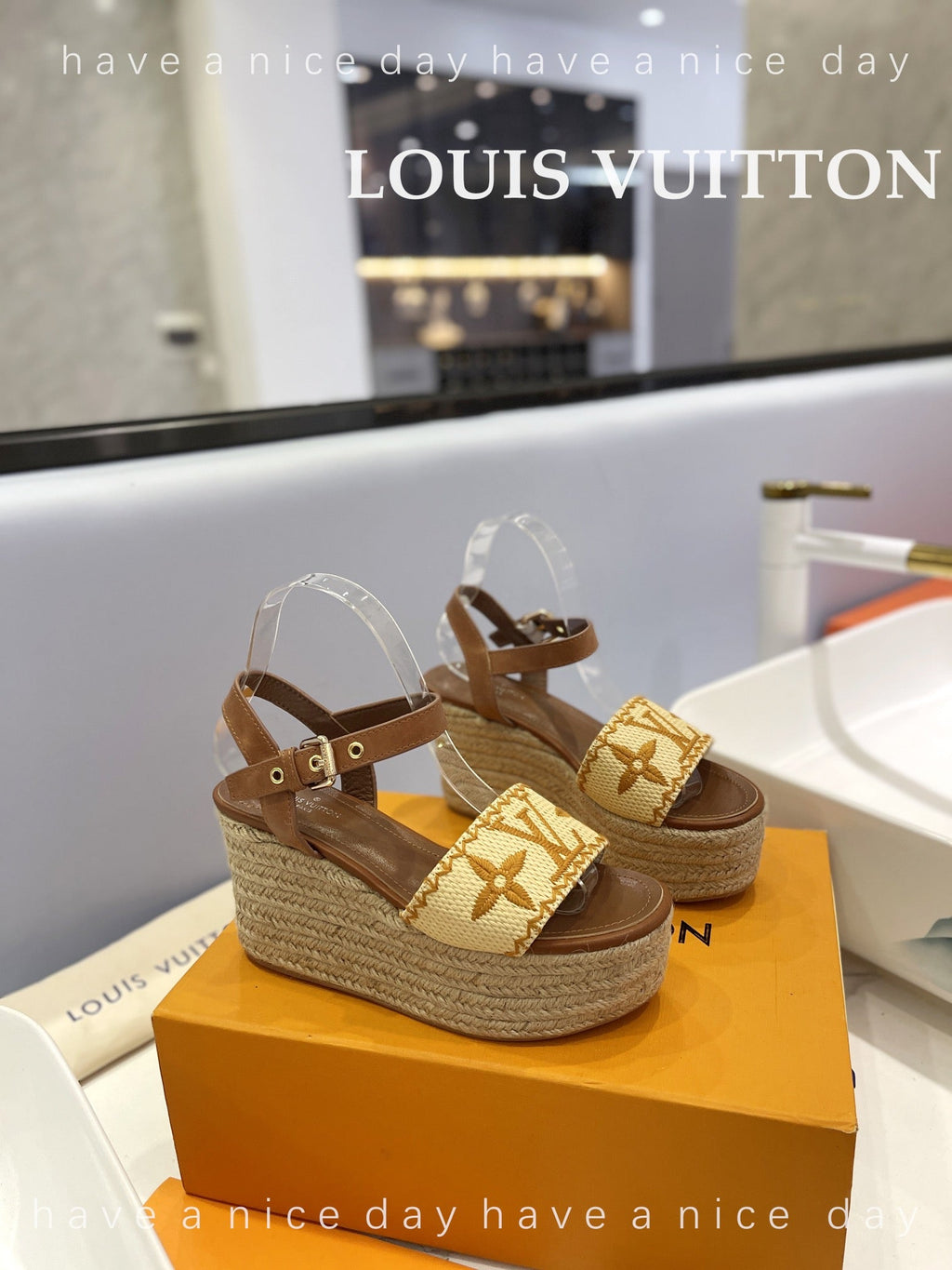 LV Helios Wedge Sandals Brown Beige Raffia Leather 888496