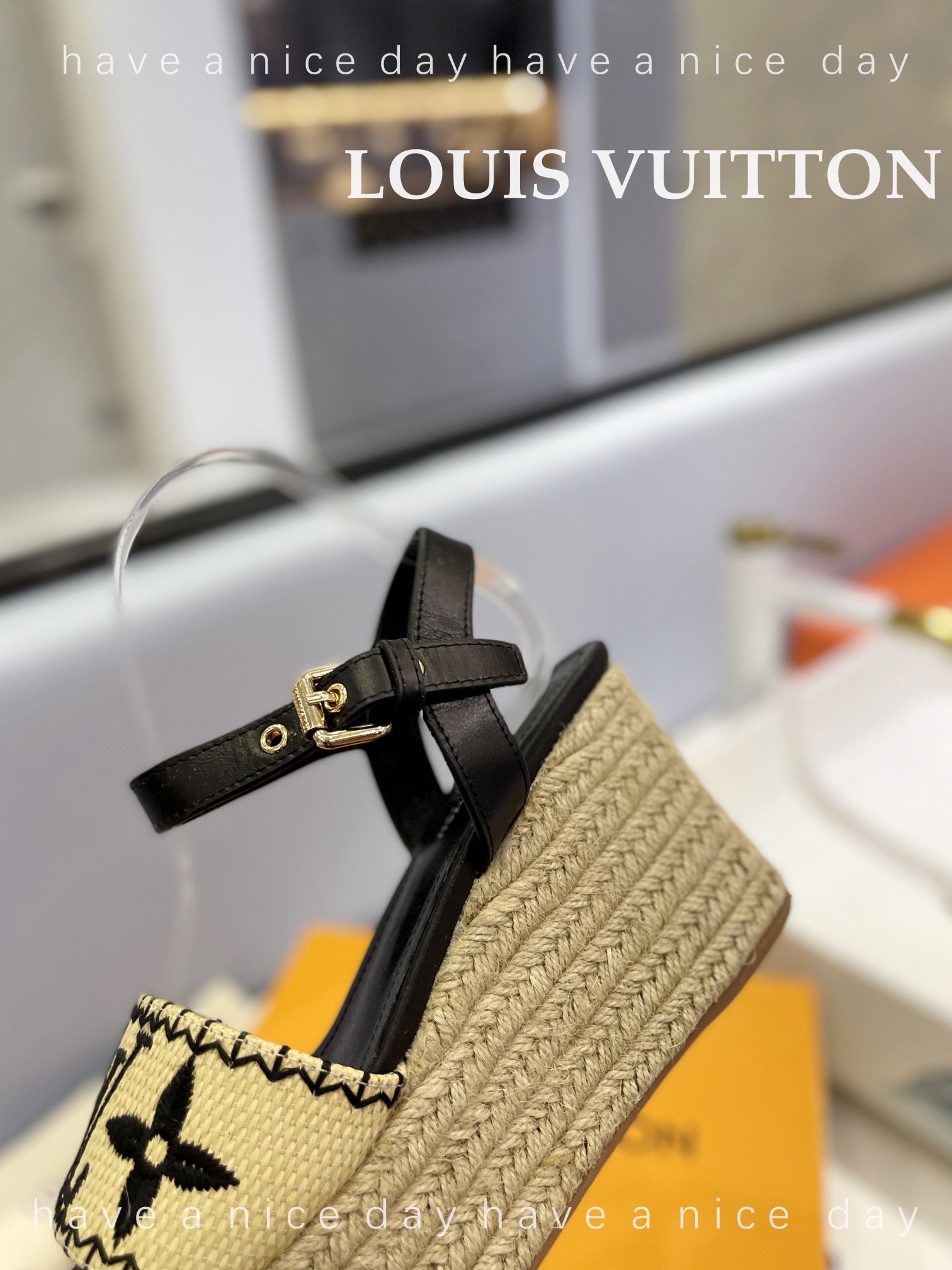 LV Helios Wedge Sandals Black Beige Raffia Leather 888497