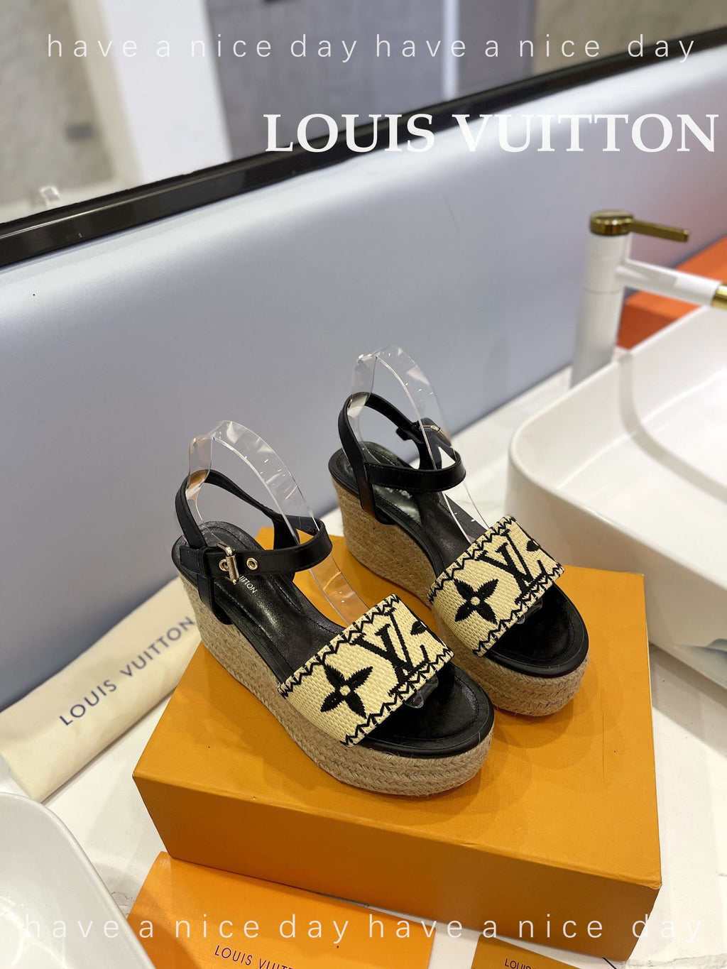 LV Helios Wedge Sandals Black Beige Raffia Leather 888497