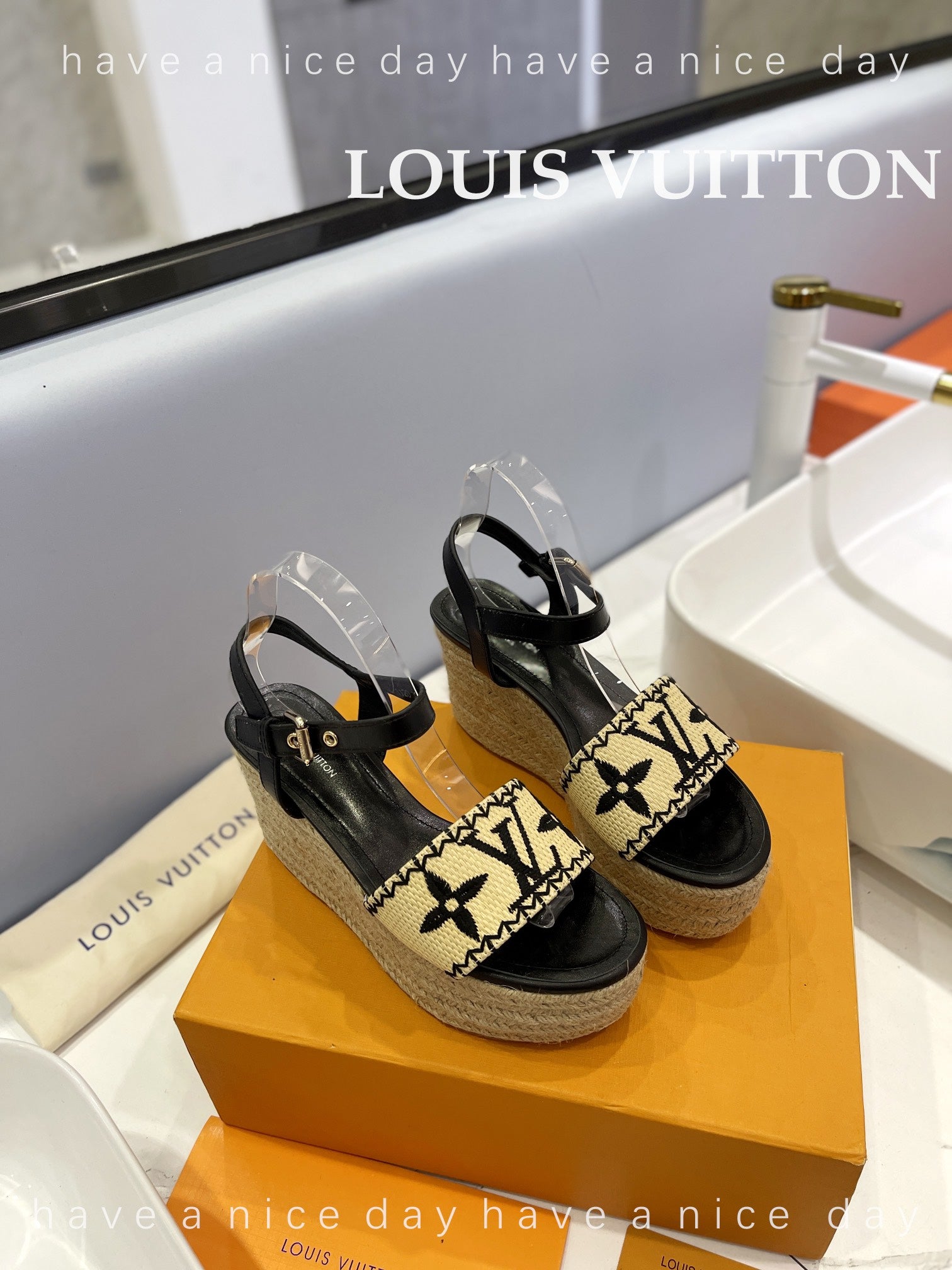 LV Helios Wedge Sandals Black Beige Raffia Leather 888497
