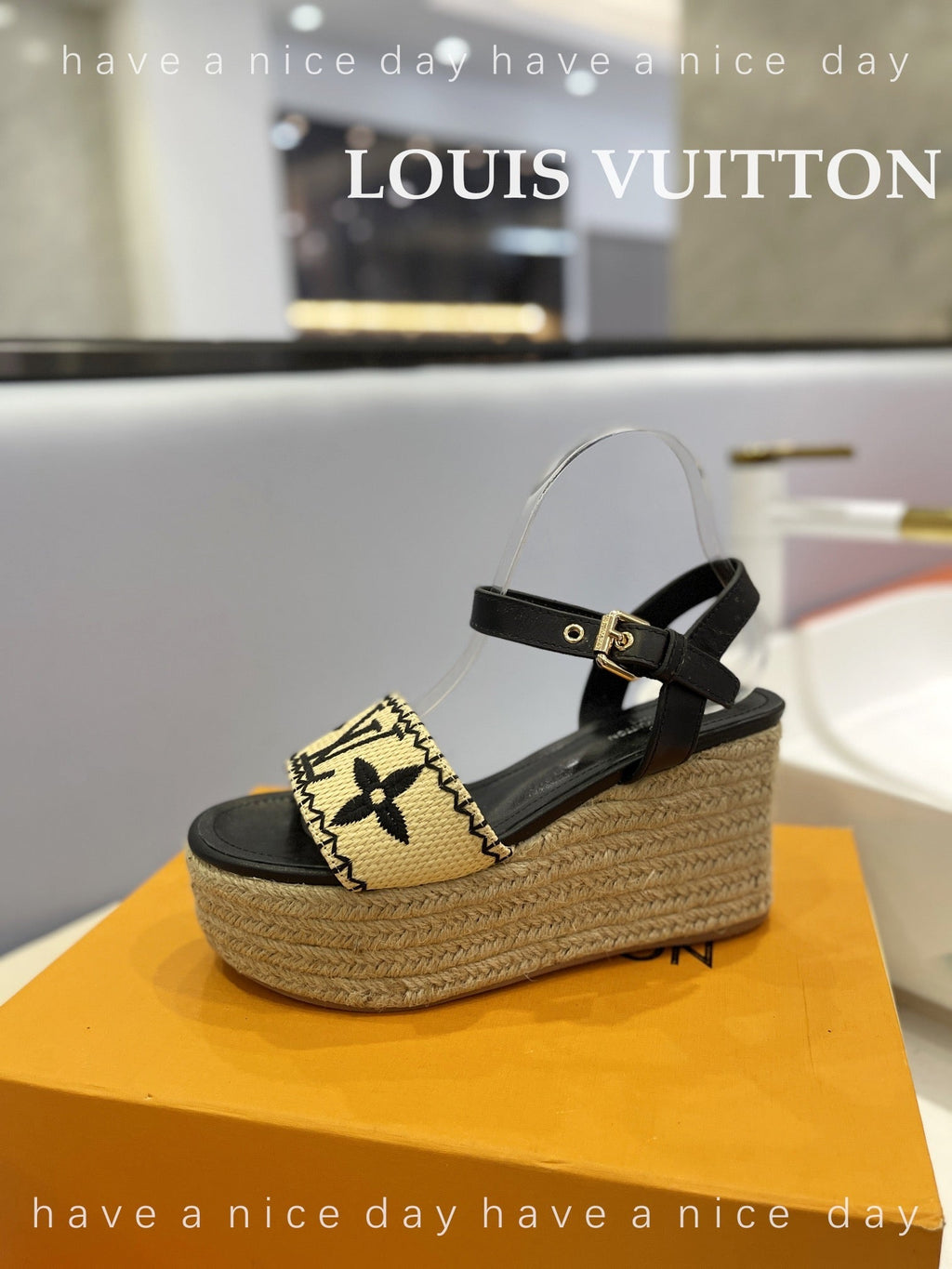 LV Helios Wedge Sandals Black Beige Raffia Leather 888497