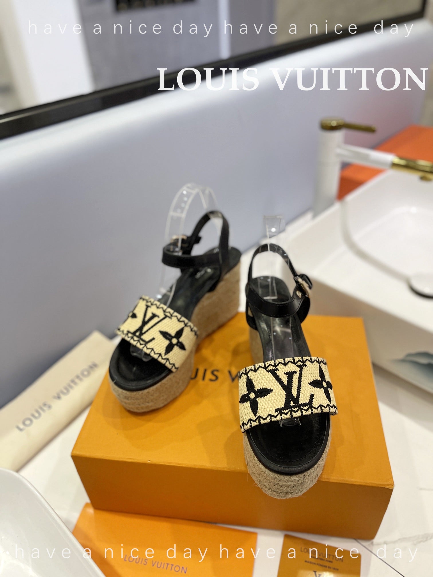 LV Helios Wedge Sandals Black Beige Raffia Leather 888497