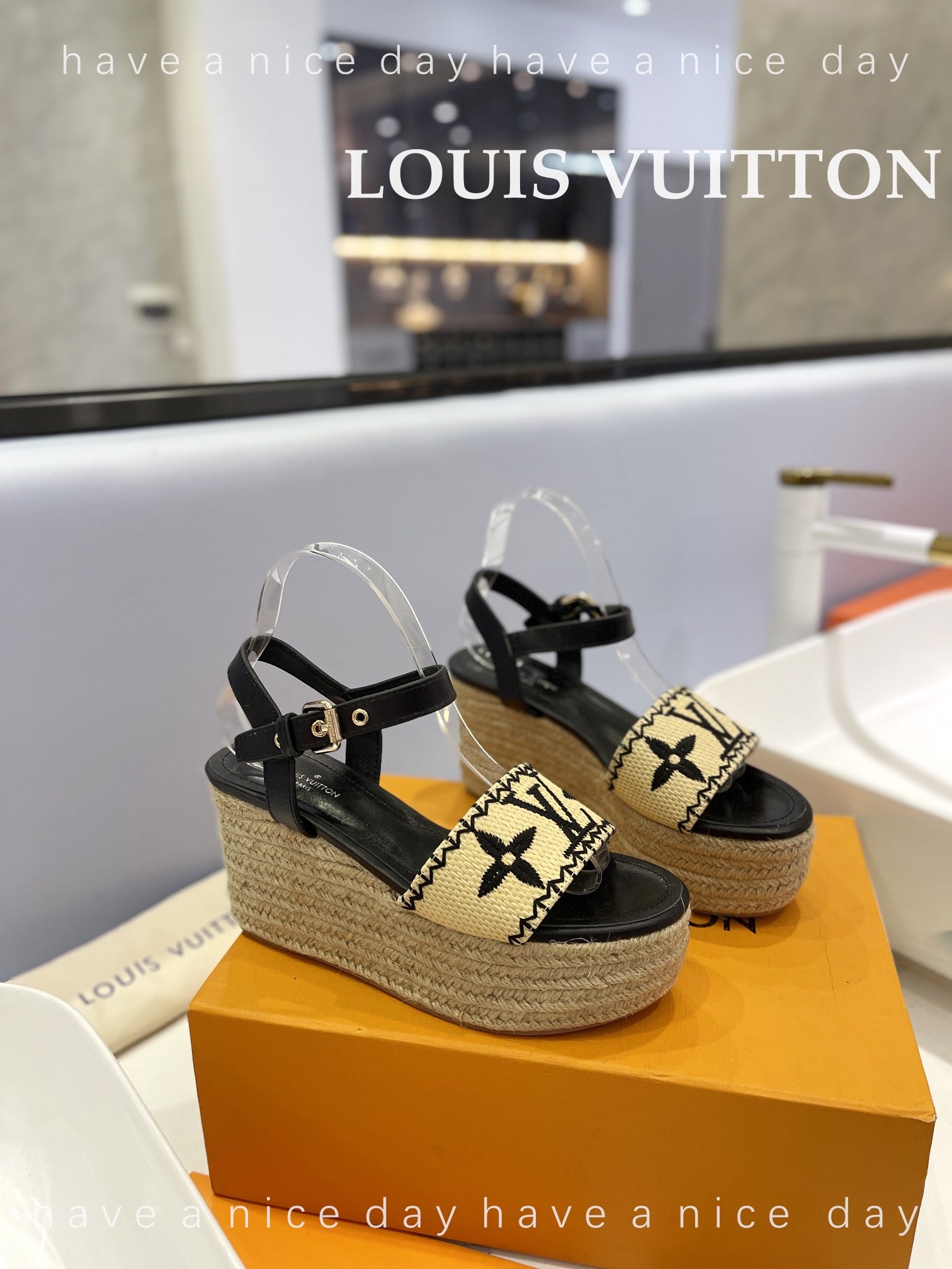 LV Helios Wedge Sandals Black Beige Raffia Leather 888497