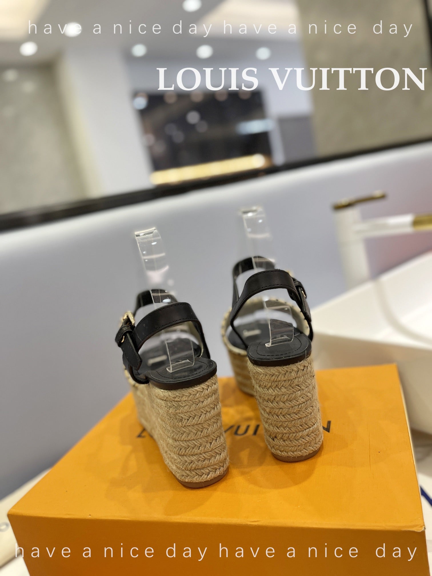 LV Helios Wedge Sandals Black Beige Raffia Leather 888497
