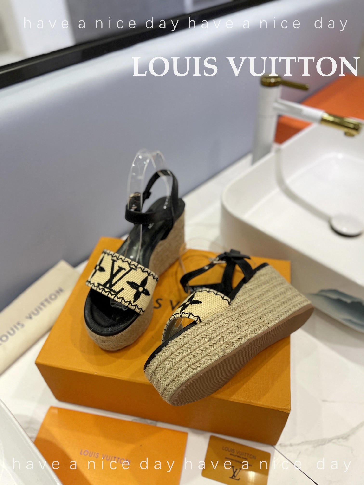 LV Helios Wedge Sandals Black Beige Raffia Leather 888497