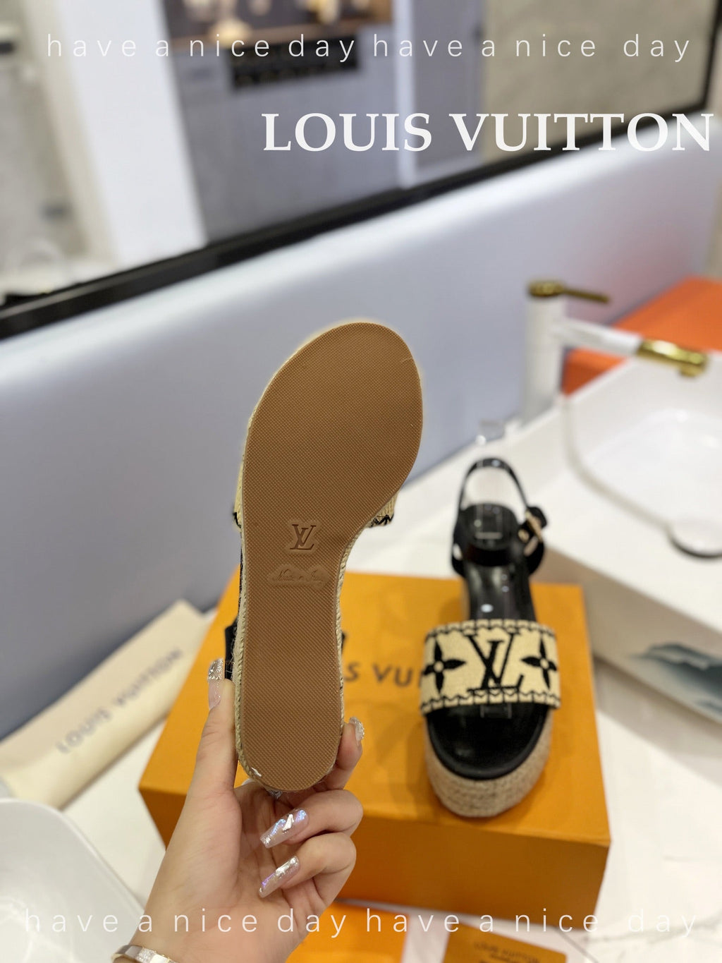 LV Helios Wedge Sandals Black Beige Raffia Leather 888497