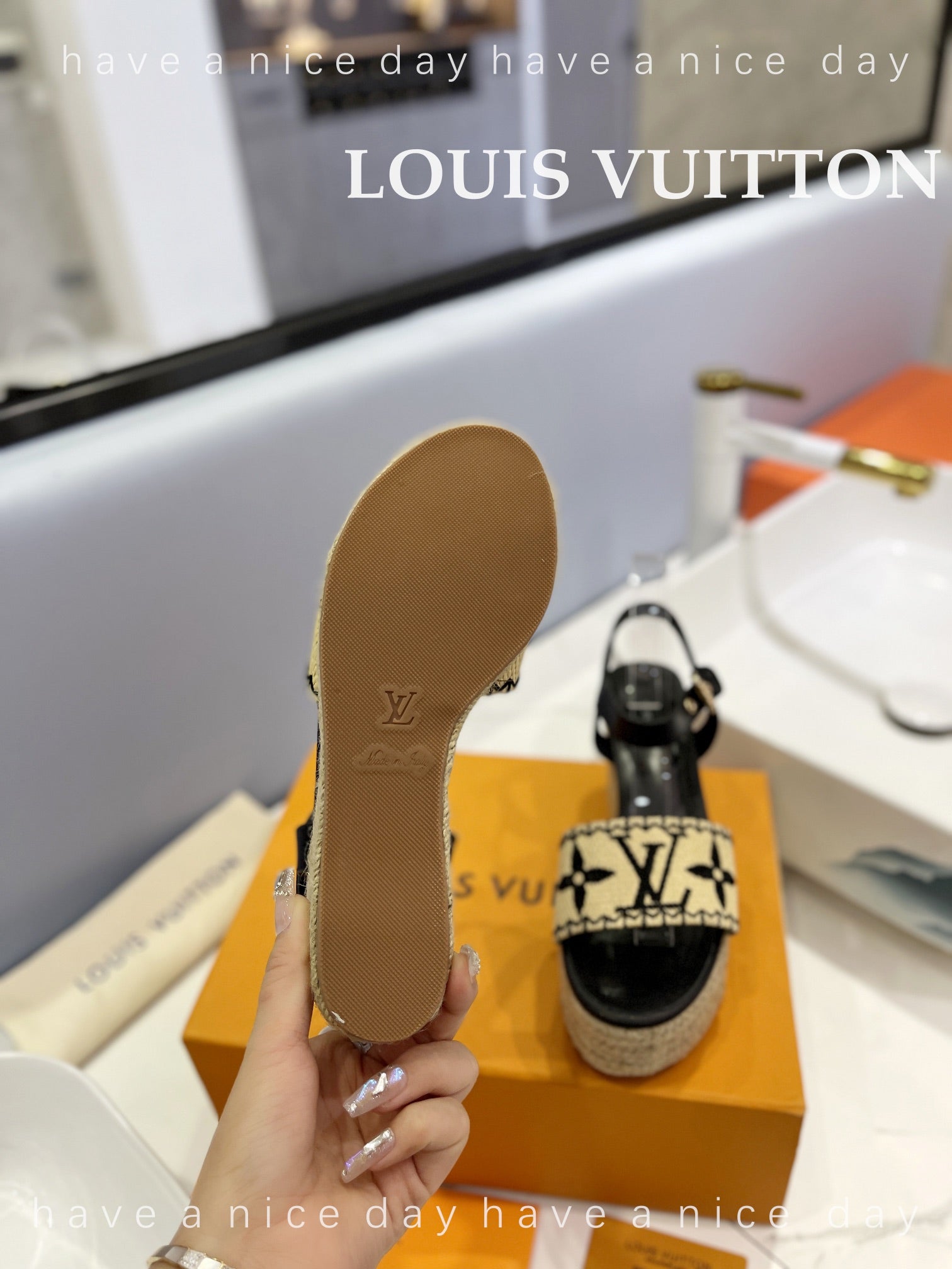 LV Helios Wedge Sandals Black Beige Raffia Leather 888497