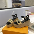 LV Helios Wedge Sandals Black Beige Raffia Leather 888497