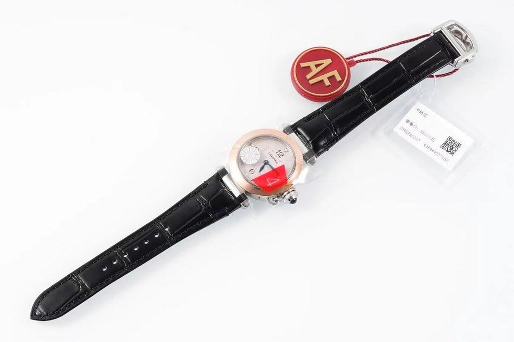 pasha 30mm quartz pink gold white dial black leather