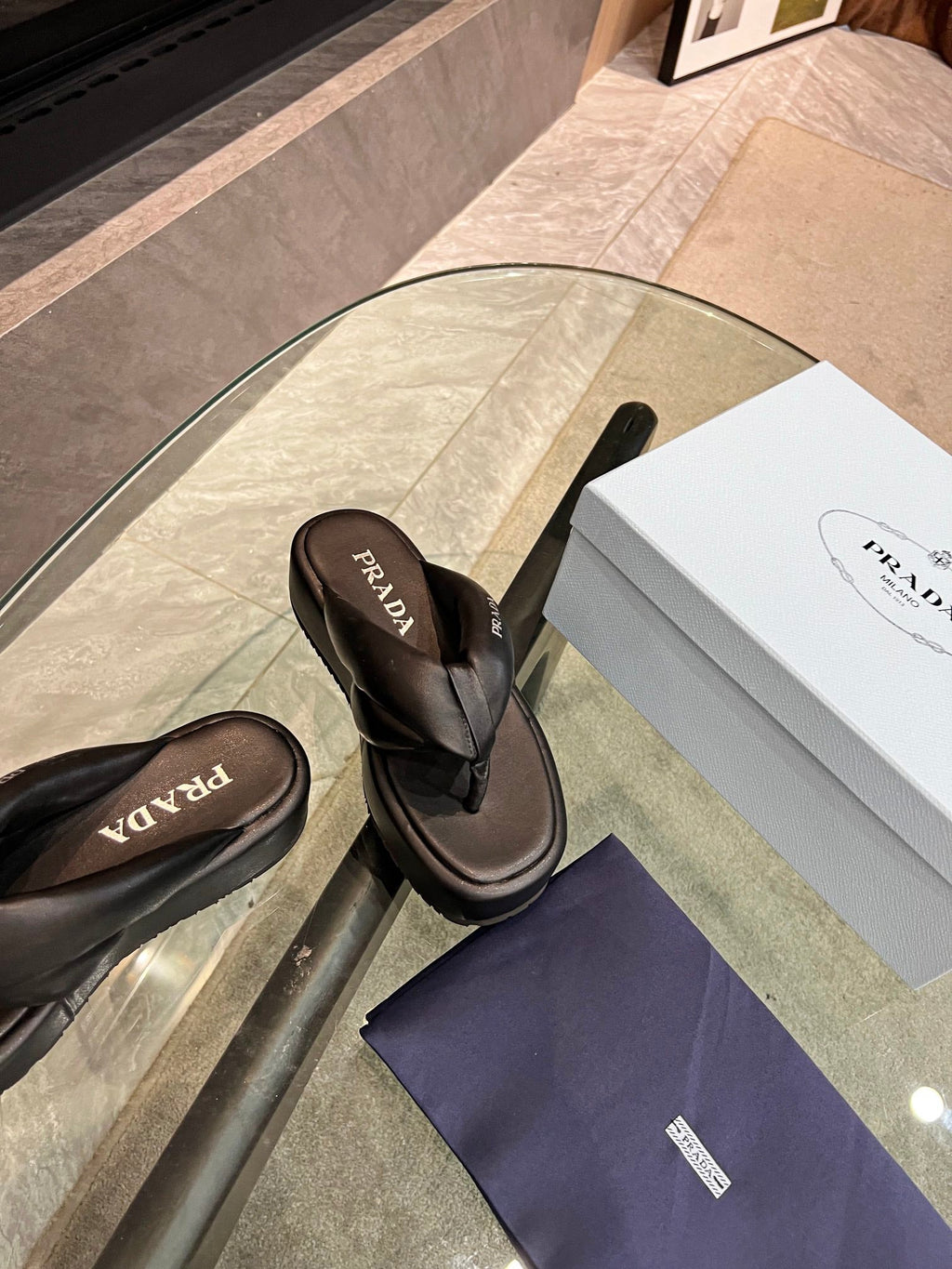 PRA THONG FLATFORM SANDALS BLACK LAMBSKIN