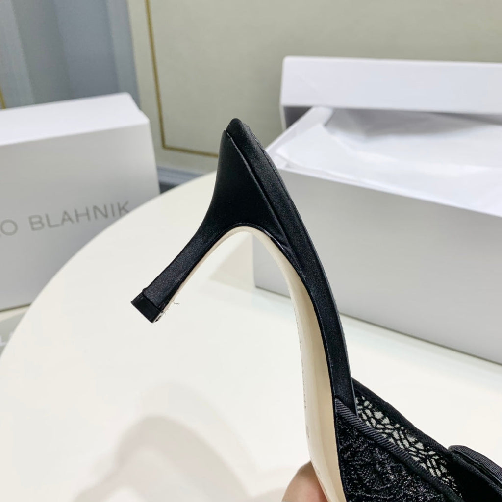 Manolo Mules 7cm Black Hollow Lace Leather Bottom 451197