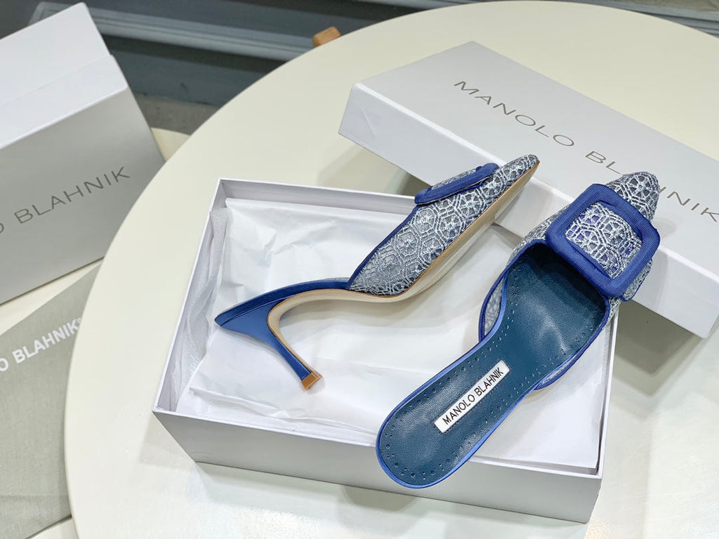 Manolo Mules 7cm Blue Hollow Lace Leather Bottom 451199