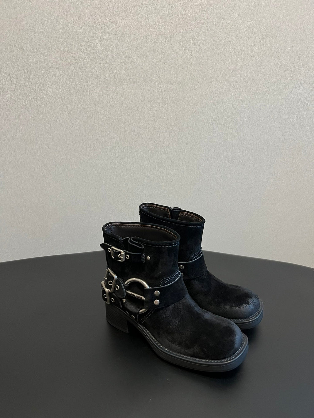 Miu 26s Ankle Boots In Black Suede Silver Hardware