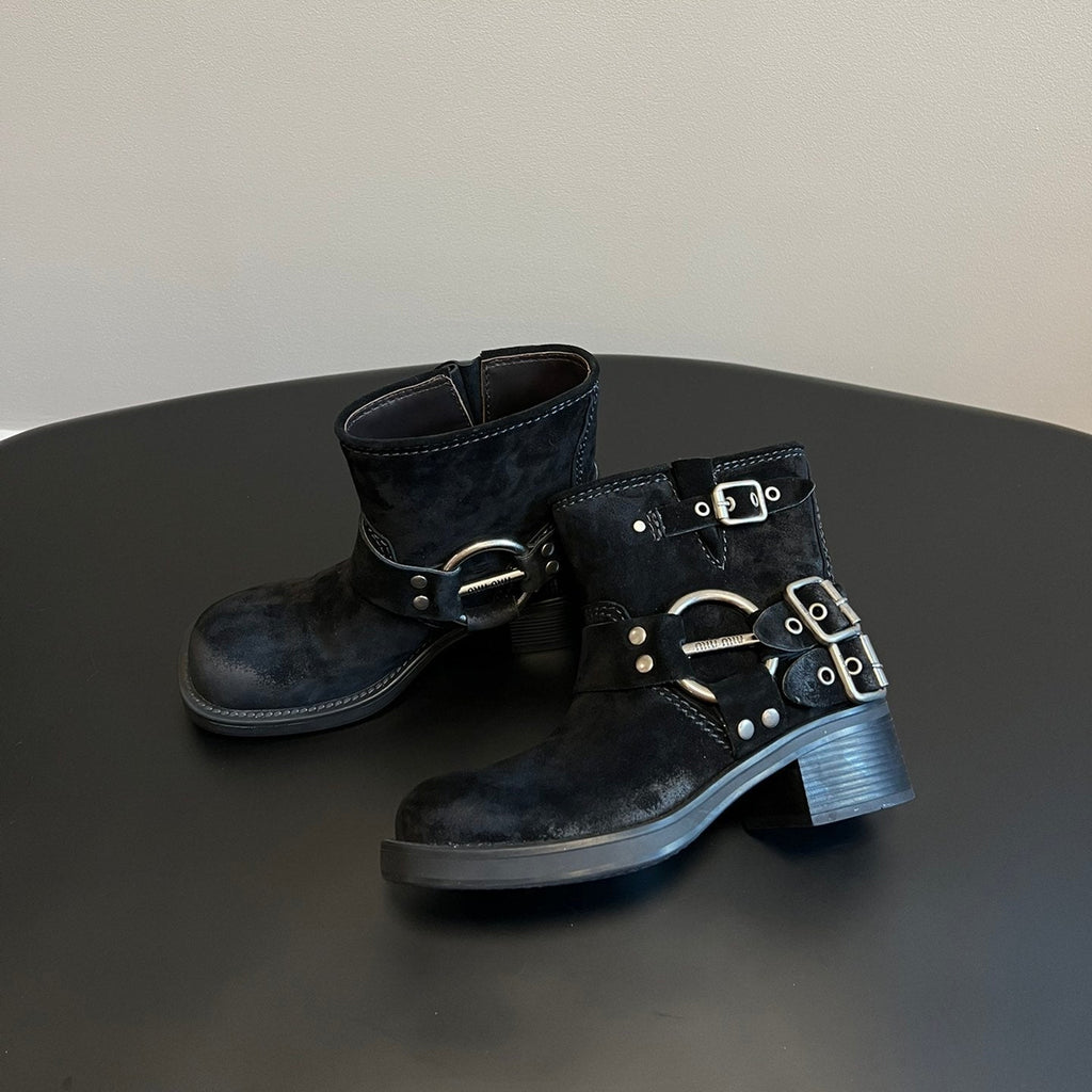 Miu 26s Ankle Boots In Black Suede Silver Hardware