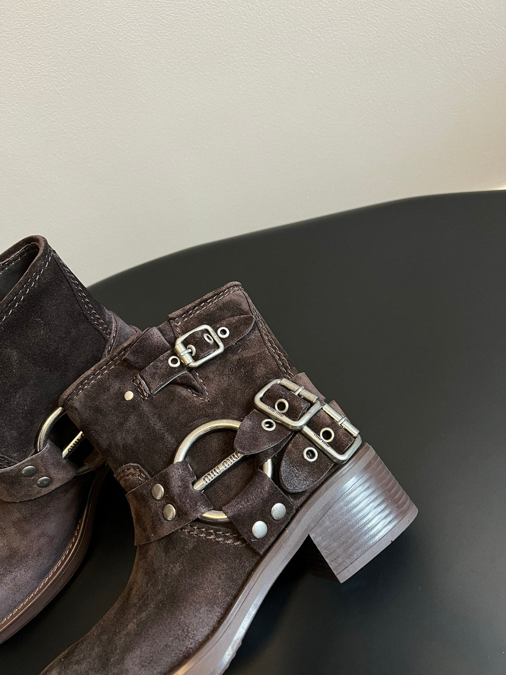 Miu 26s Ankle Boots In Dark Brown Suede Silver Hardware