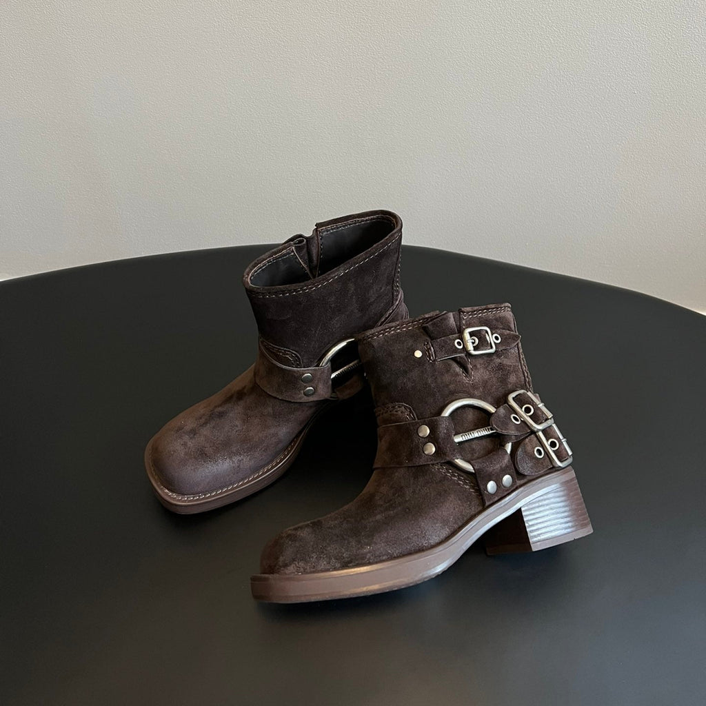 Miu 26s Ankle Boots In Dark Brown Suede Silver Hardware