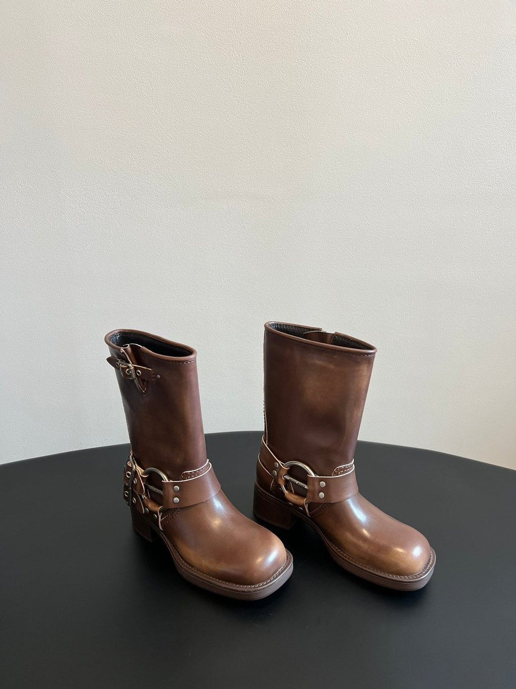 Miu 26s Mid-Calf Boots In Brown Calfskin Silver Hardware