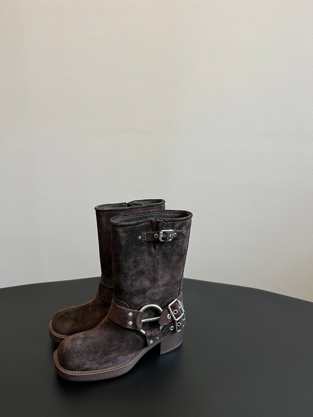 Miu 26s Mid-Calf Boots In Dark Brown Suede Silver Hardware