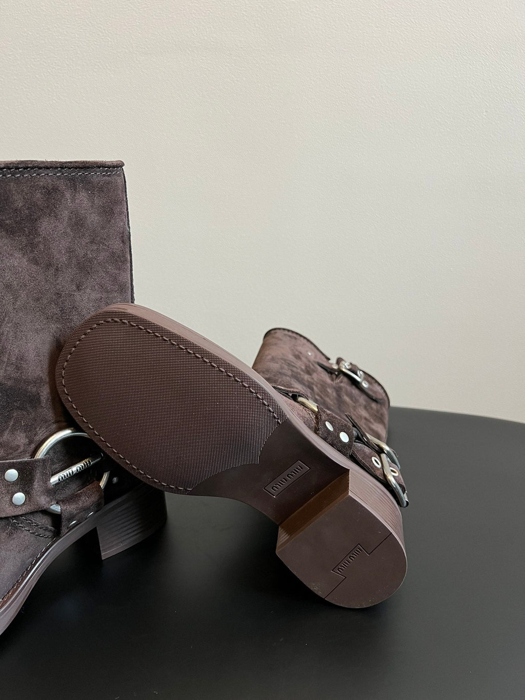 Miu 26s Mid-Calf Boots In Dark Brown Suede Silver Hardware