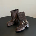 Miu 26s Mid-Calf Boots In Dark Brown Suede Silver Hardware