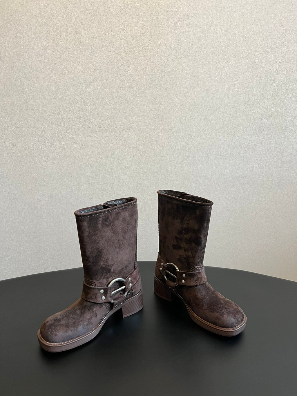 Miu 26s Mid-Calf Boots In Dark Brown Suede Silver Hardware