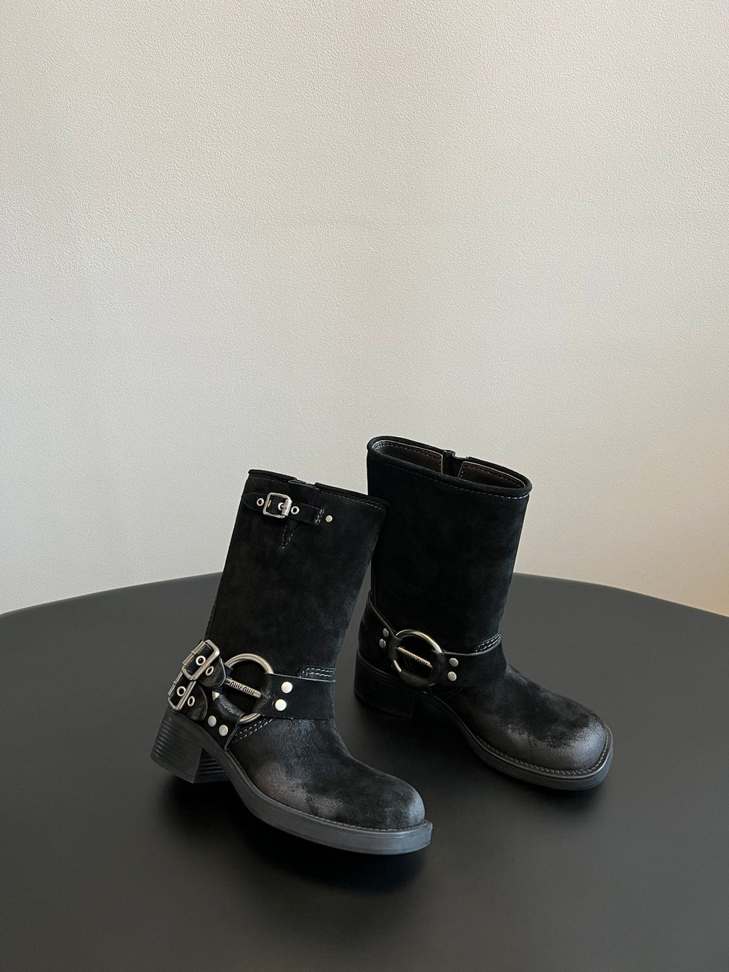 Miu 26s Mid-Calf Boots In Black Suede Silver Hardware