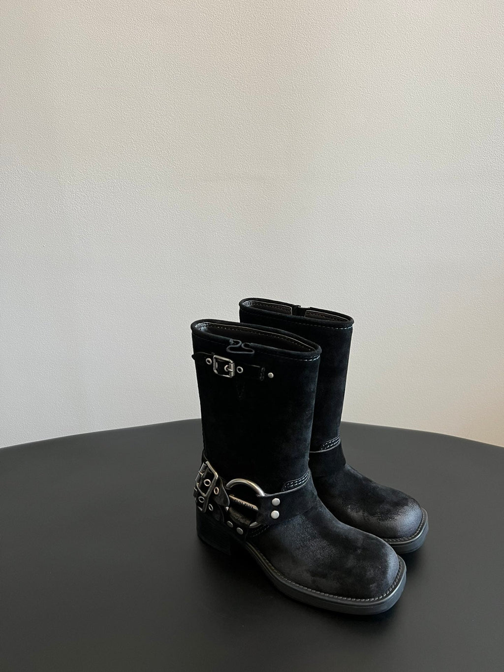 Miu 26s Mid-Calf Boots In Black Suede Silver Hardware