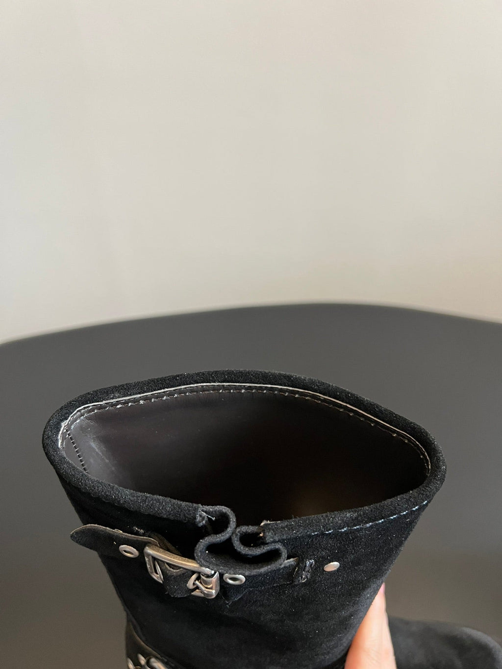 Miu 26s Mid-Calf Boots In Black Suede Silver Hardware