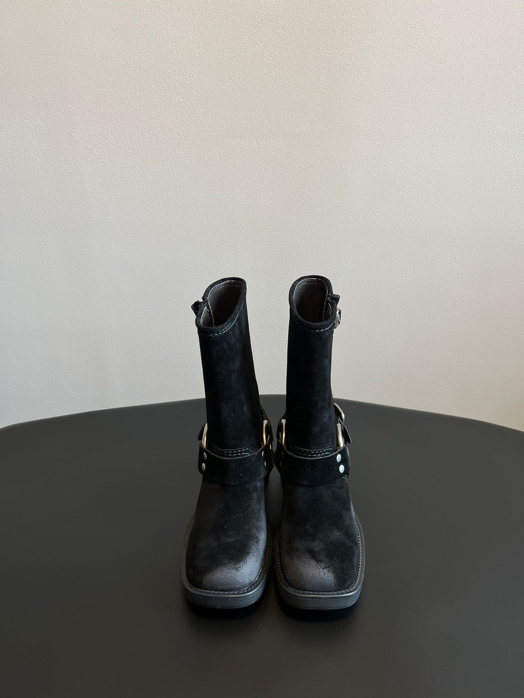 Miu 26s Mid-Calf Boots In Black Suede Silver Hardware