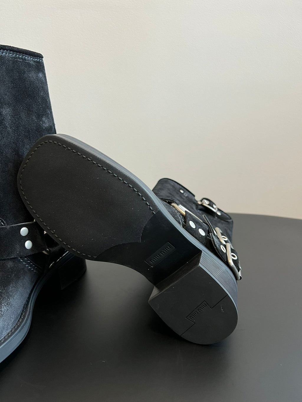 Miu 26s Mid-Calf Boots In Black Suede Silver Hardware