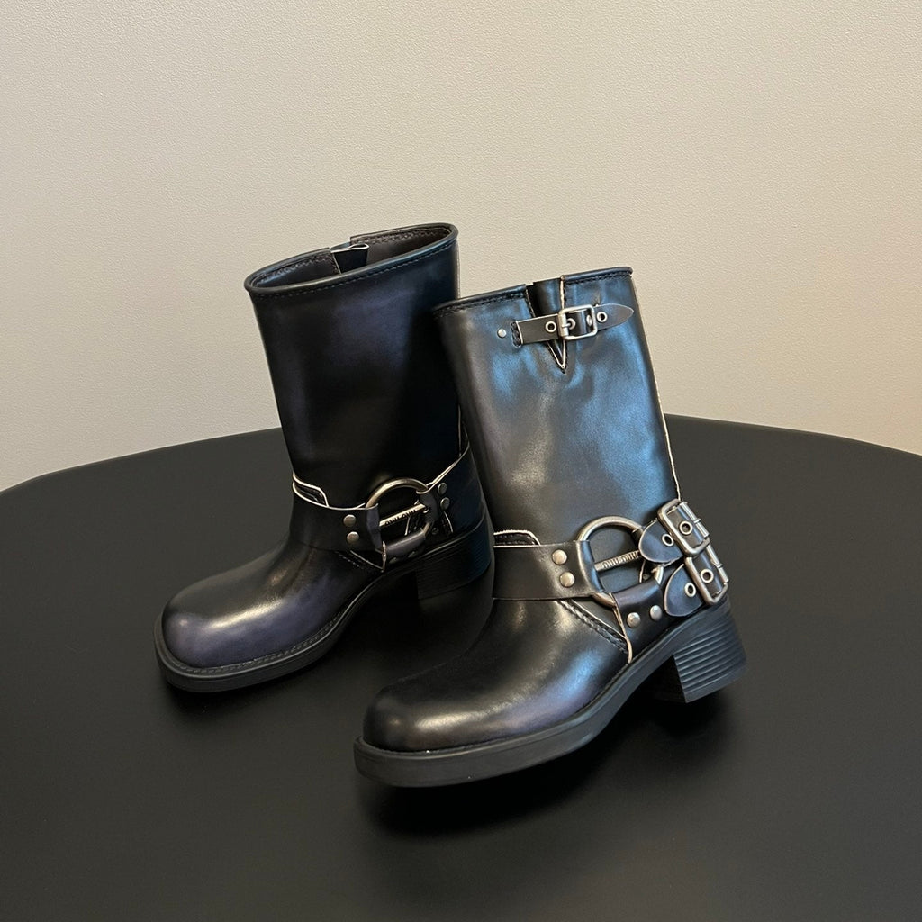 Miu 26s Mid-Calf Boots In Black Calfskin Silver Hardware