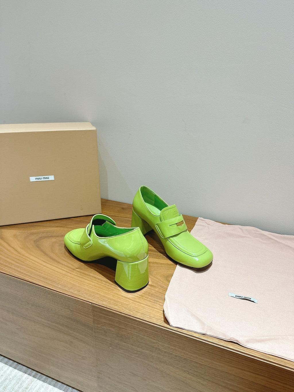 Miu 26s Heel Loafers 75mm In Green Glossy Calfskin Gold Hardware