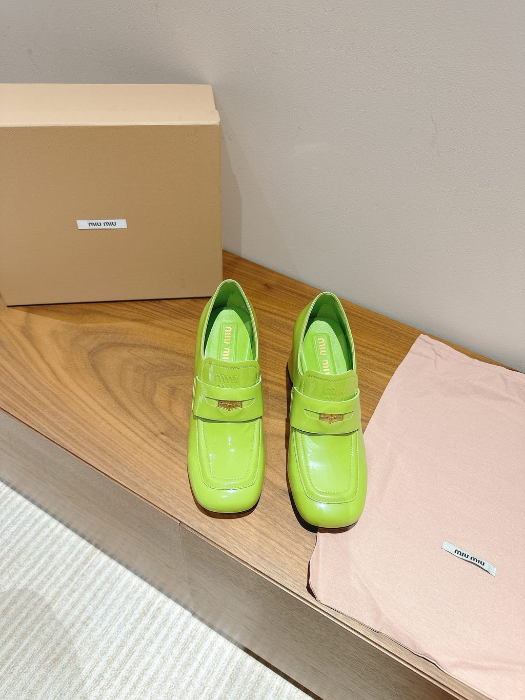 Miu 26s Heel Loafers 75mm In Green Glossy Calfskin Gold Hardware