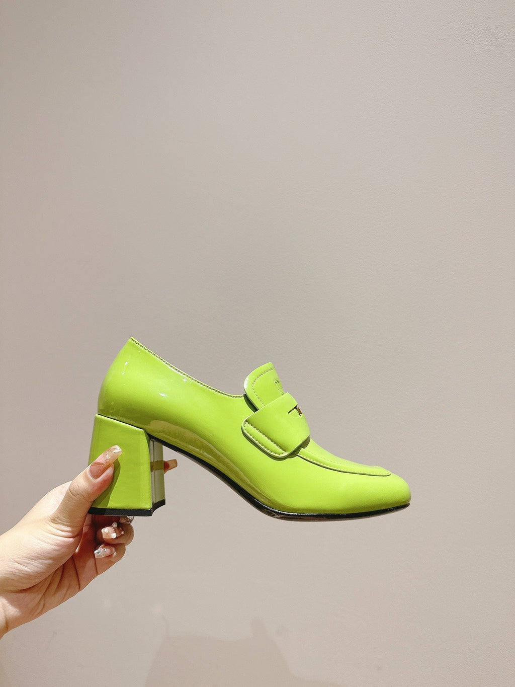 Miu 26s Heel Loafers 75mm In Green Glossy Calfskin Gold Hardware