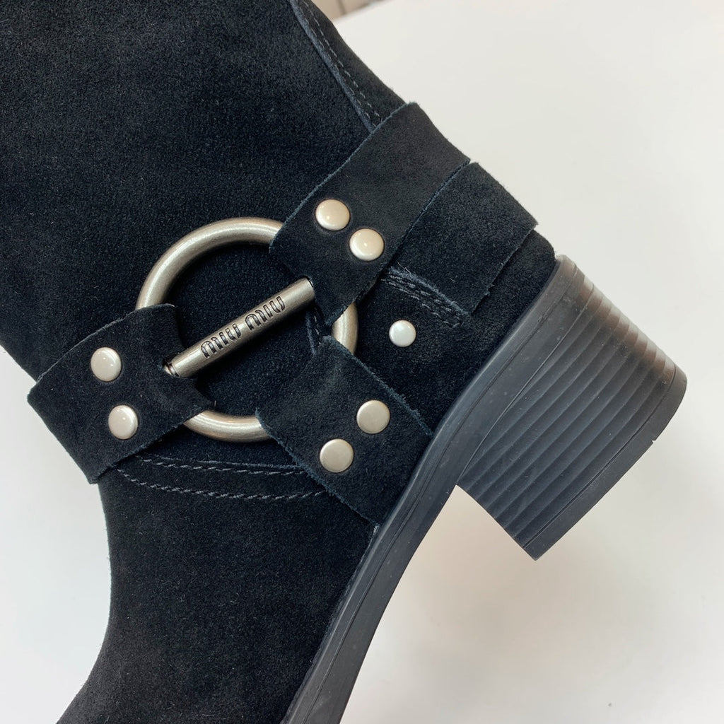 Miu Miu Biker Retro-Style Long Boots Boots Black Suede 535200