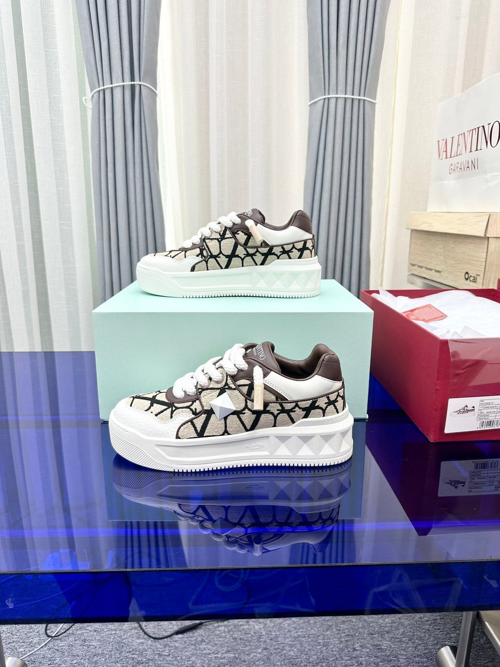 One Stud Xl Low-Top Sneaker Beige Black Nappa Leather And Toile Iconographe Fabric