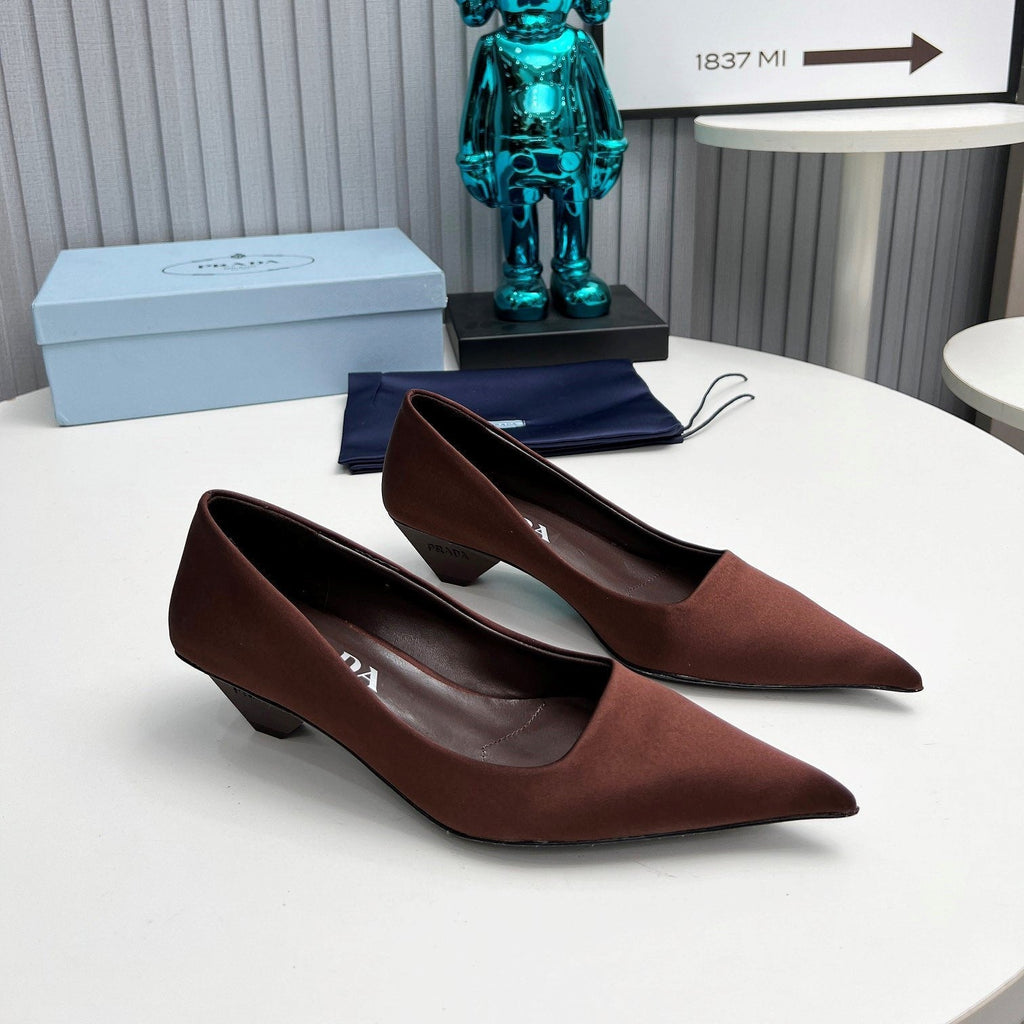 Prada 26SS Pointed-Toe Pumps 4cm Chocolate Satin 680953