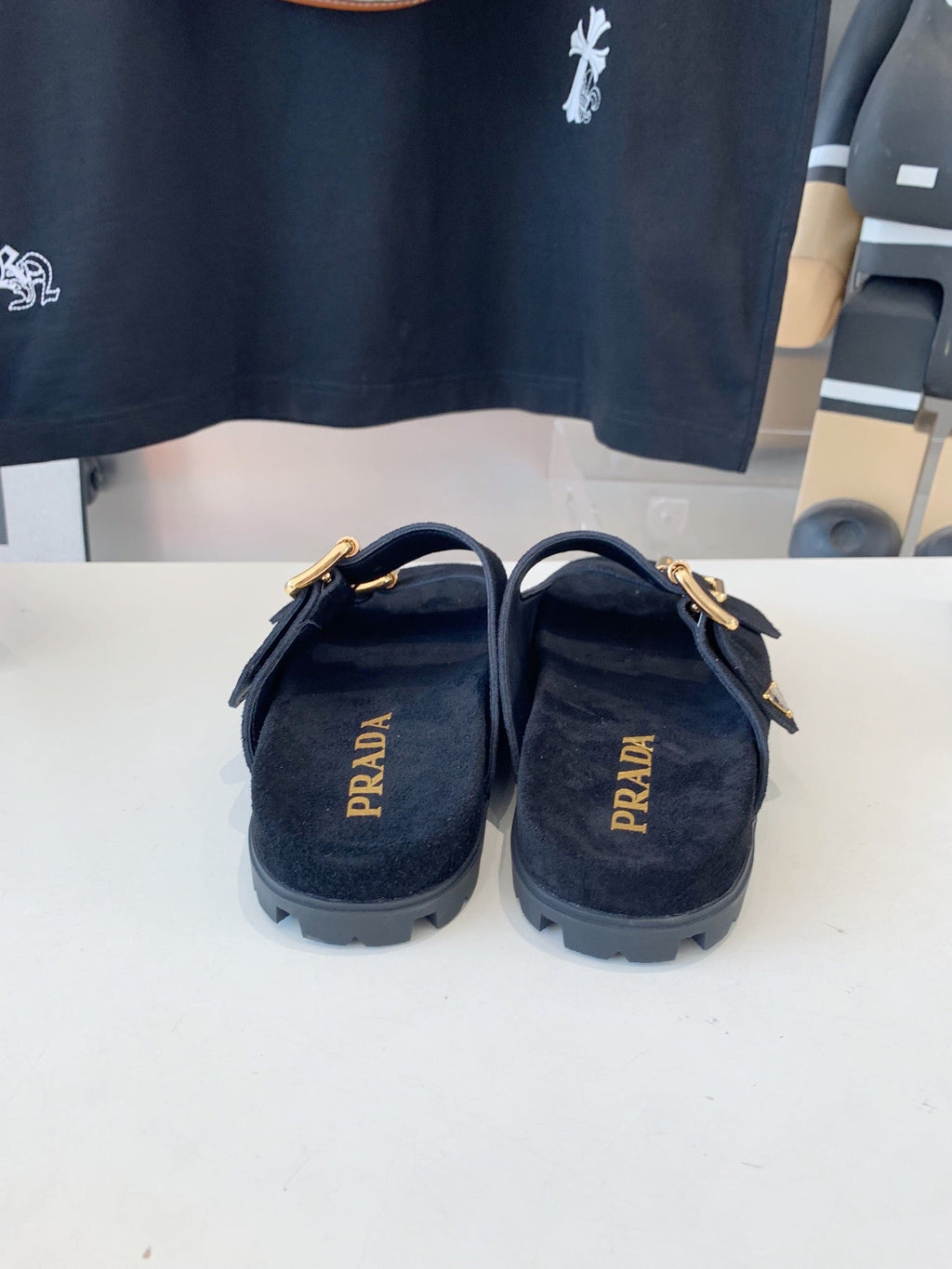PRA STRAP SLIDES SANDALS BLACK SUEDE
