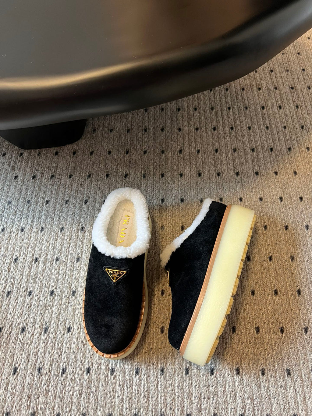 Prada 25s Furry Half-Cover Slippers Black Suede And Wool 538430