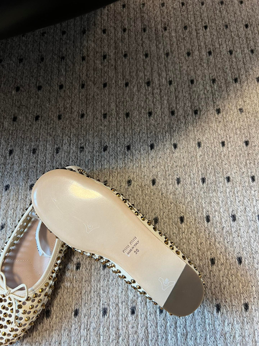 Miu 26s Ballerina Flats In Light Beige Mesh Calfskin With Rhinestones
